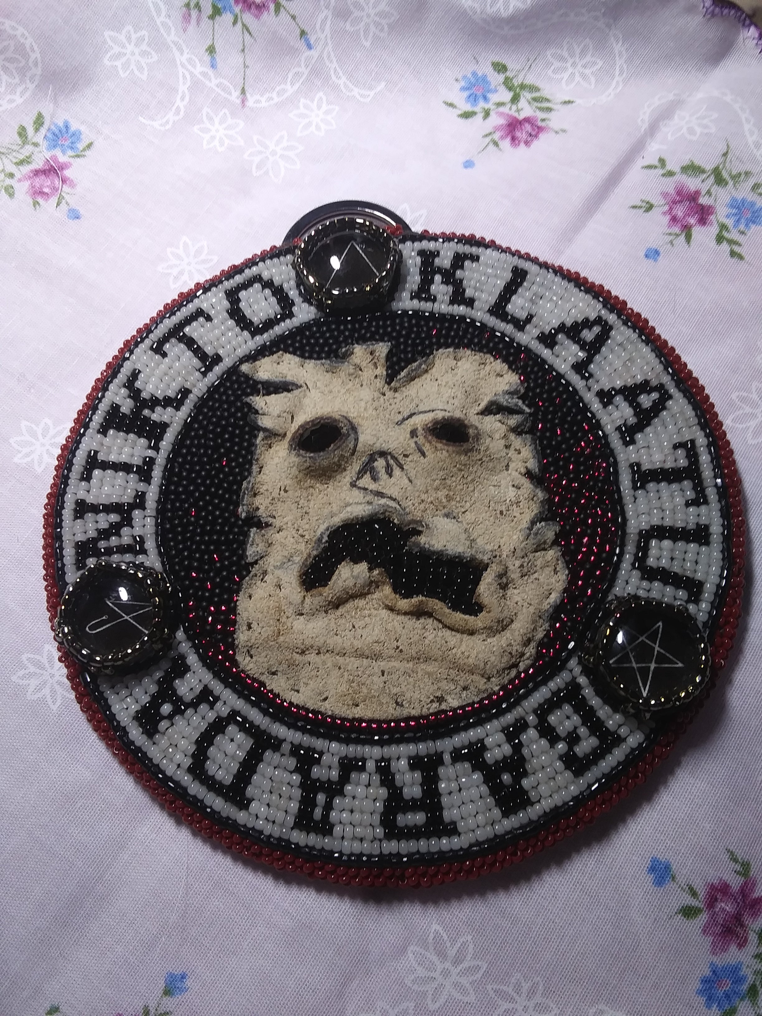 Necronomicon Bead Embroidered Medallion with glass beads and pig suede