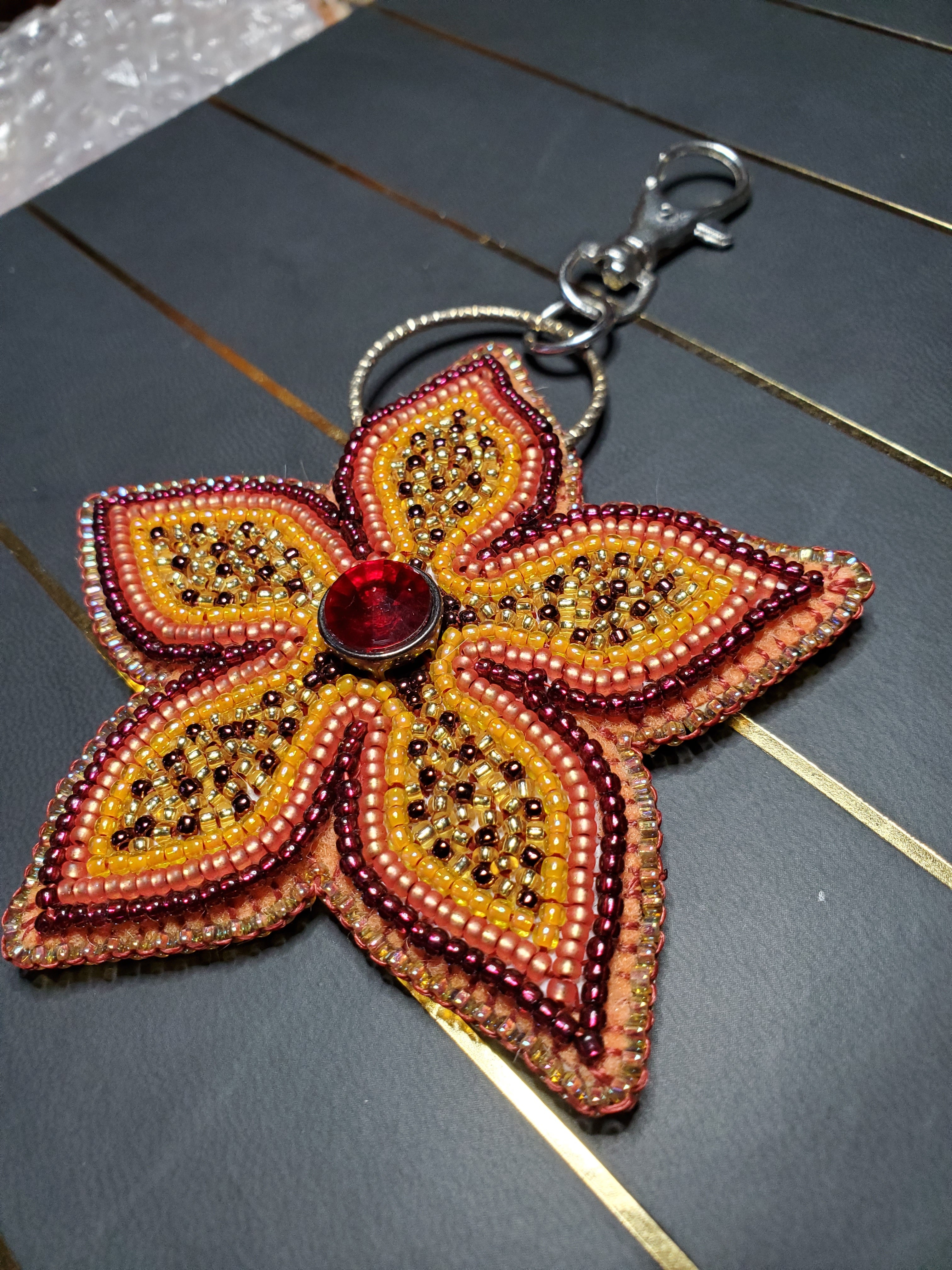 Red and Orange 5-Petal Floral Bead Embroidered Bag Charm