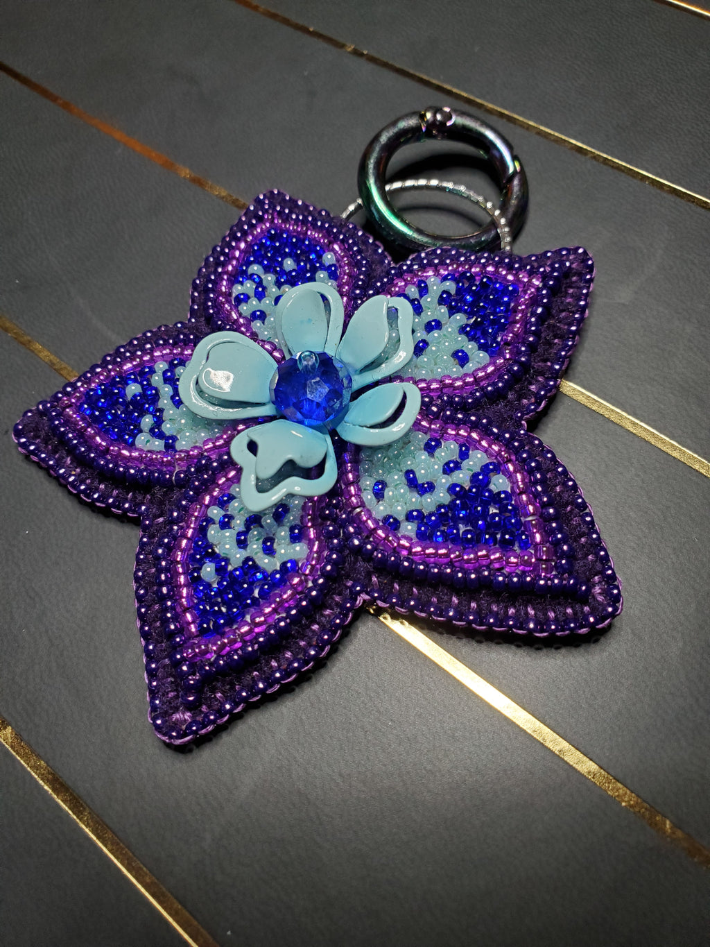 Dark purple, Cobalt blue and Robin egg blue 5-petal floral beaded bag charm