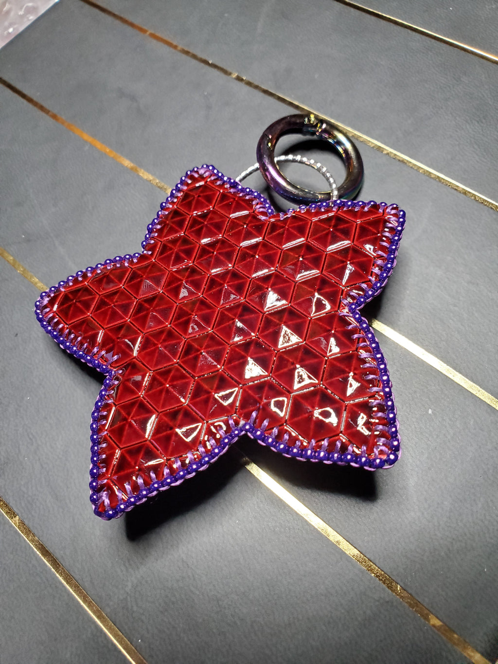 Dark purple, Cobalt blue and Robin egg blue 5-petal floral beaded bag charm