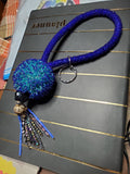 Large Cobalt and sky blues Beaded Bead keychain with bead wrapped wrist strap