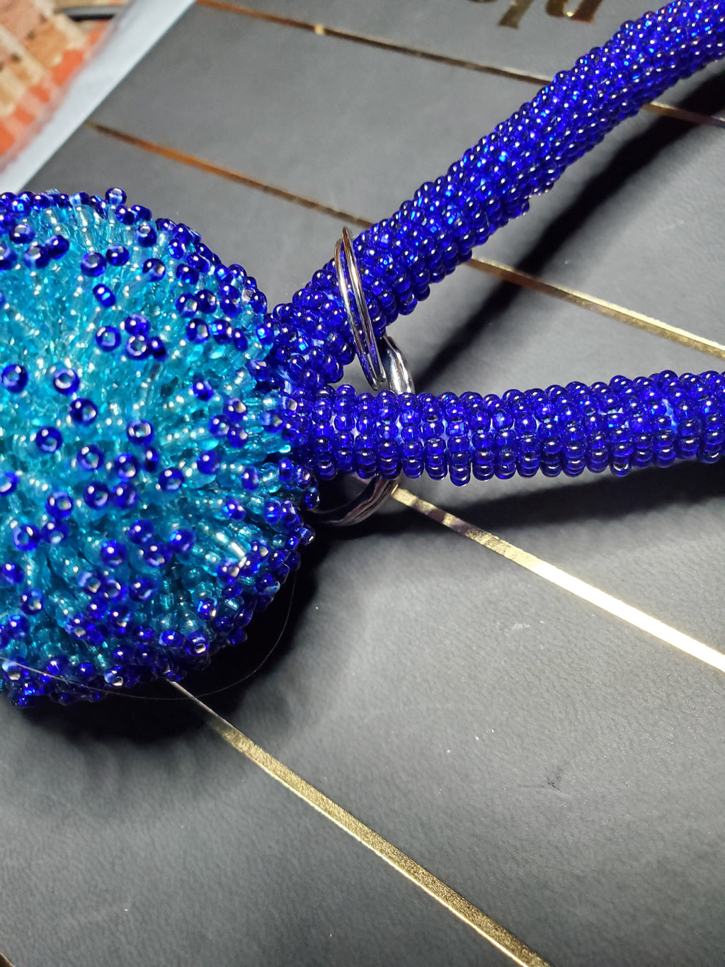 Large Cobalt and sky blues Beaded Bead keychain with bead wrapped wrist strap