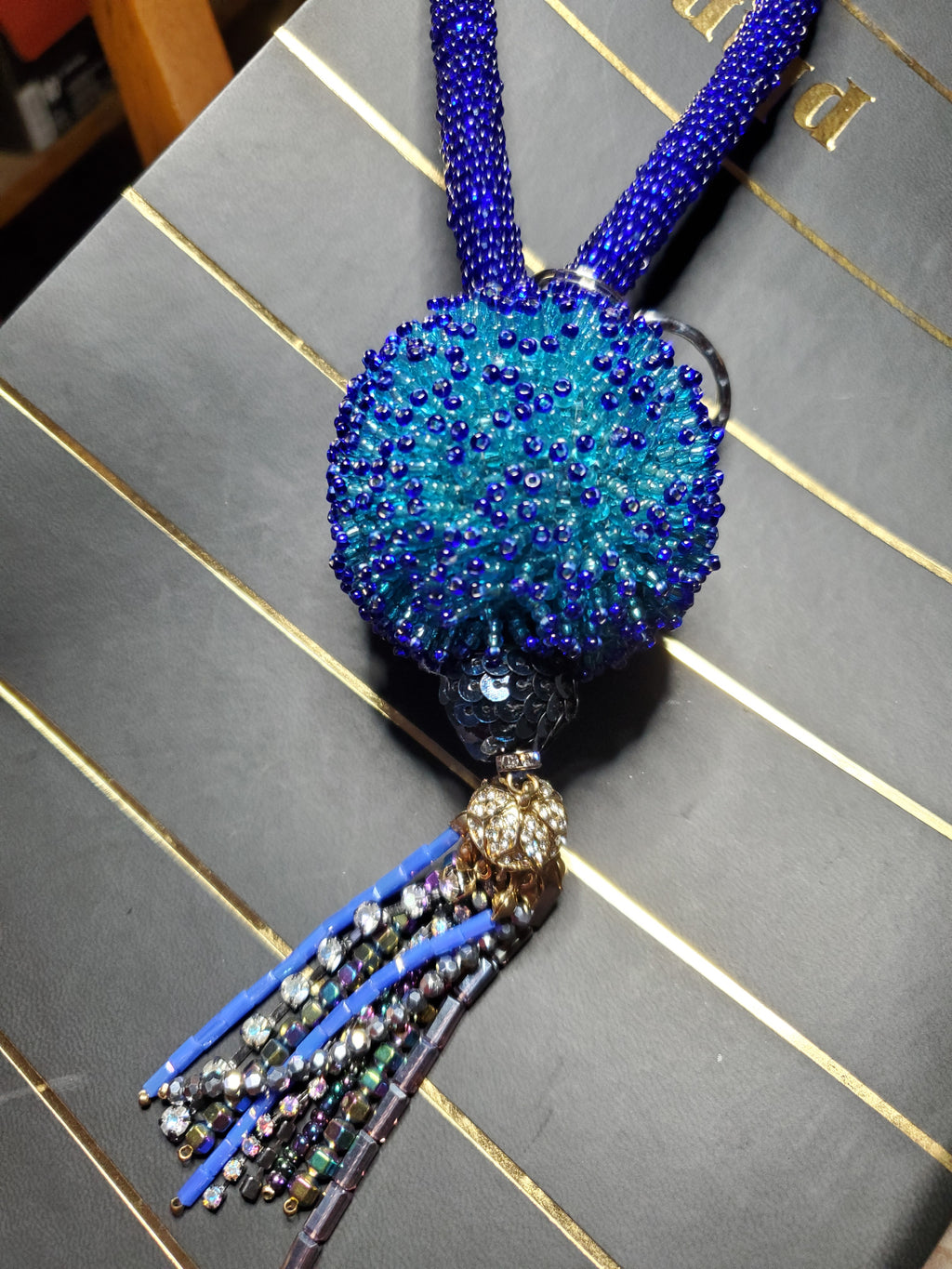 Large Cobalt and sky blues Beaded Bead keychain with bead wrapped wrist strap