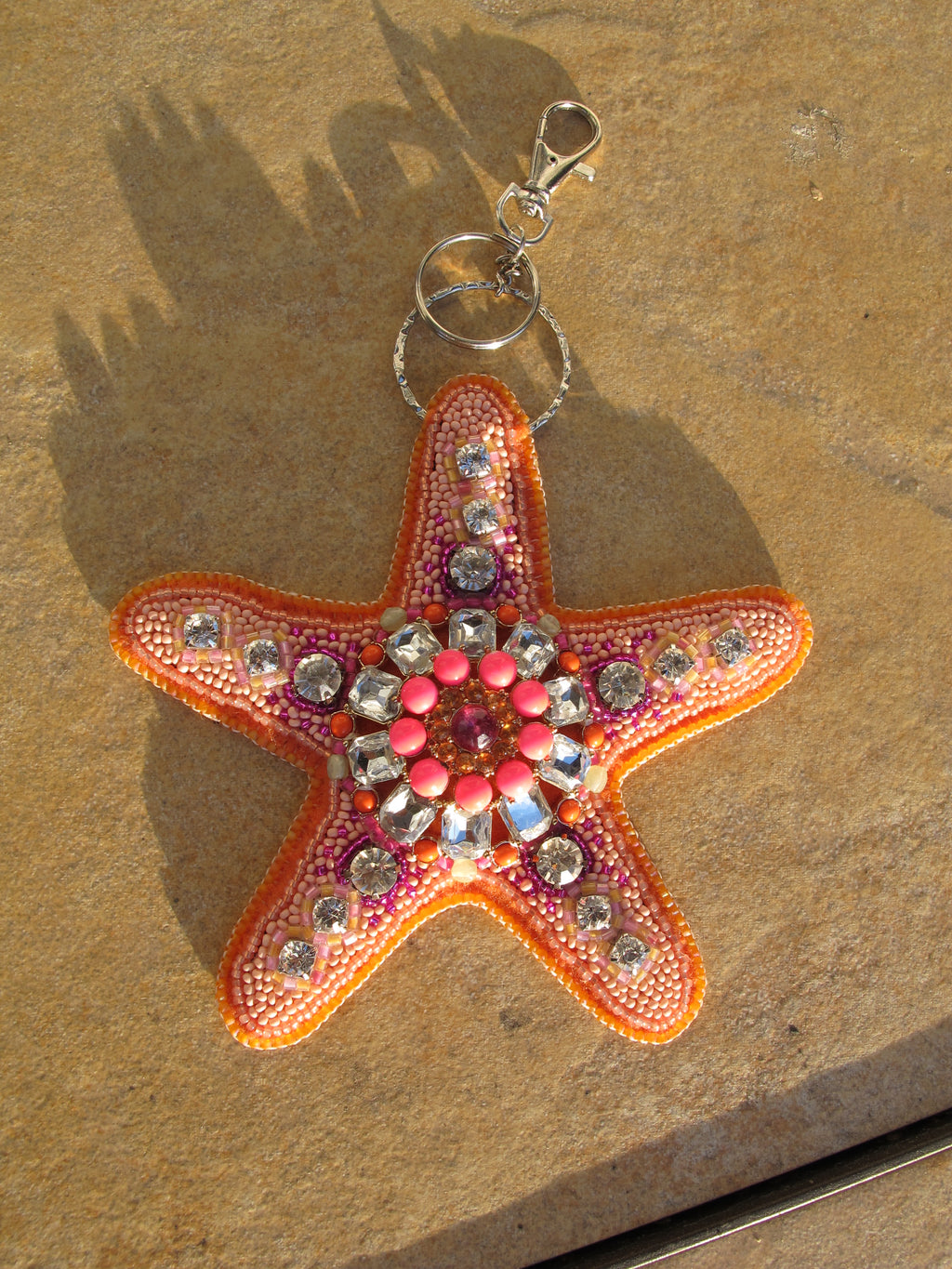 Orange Salmon and Hot Pink Beaded Starfish Bag Charm with Vintage Costume Jewelry Component