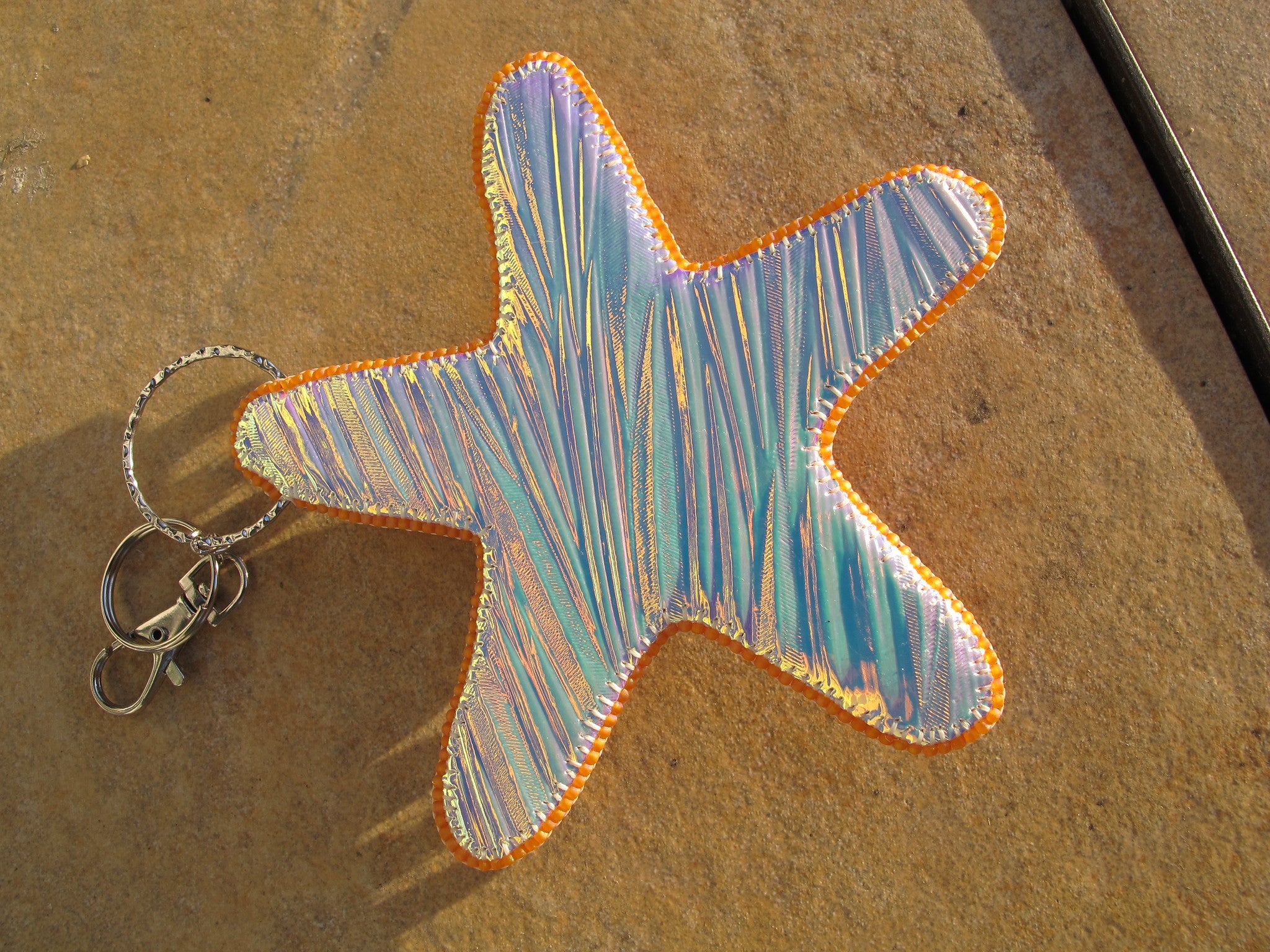Orange Salmon and Hot Pink Beaded Starfish Bag Charm with Vintage Costume Jewelry Component