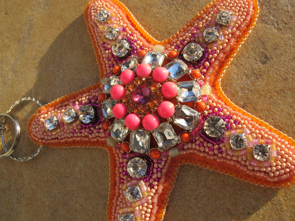 Orange Salmon and Hot Pink Beaded Starfish Bag Charm with Vintage Costume Jewelry Component