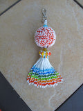 Beaded Bead Keychain in White, Orange and multicolored beaded tassel