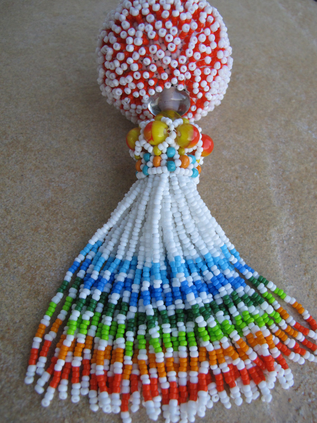 Beaded Bead Keychain in White, Orange and multicolored beaded tassel