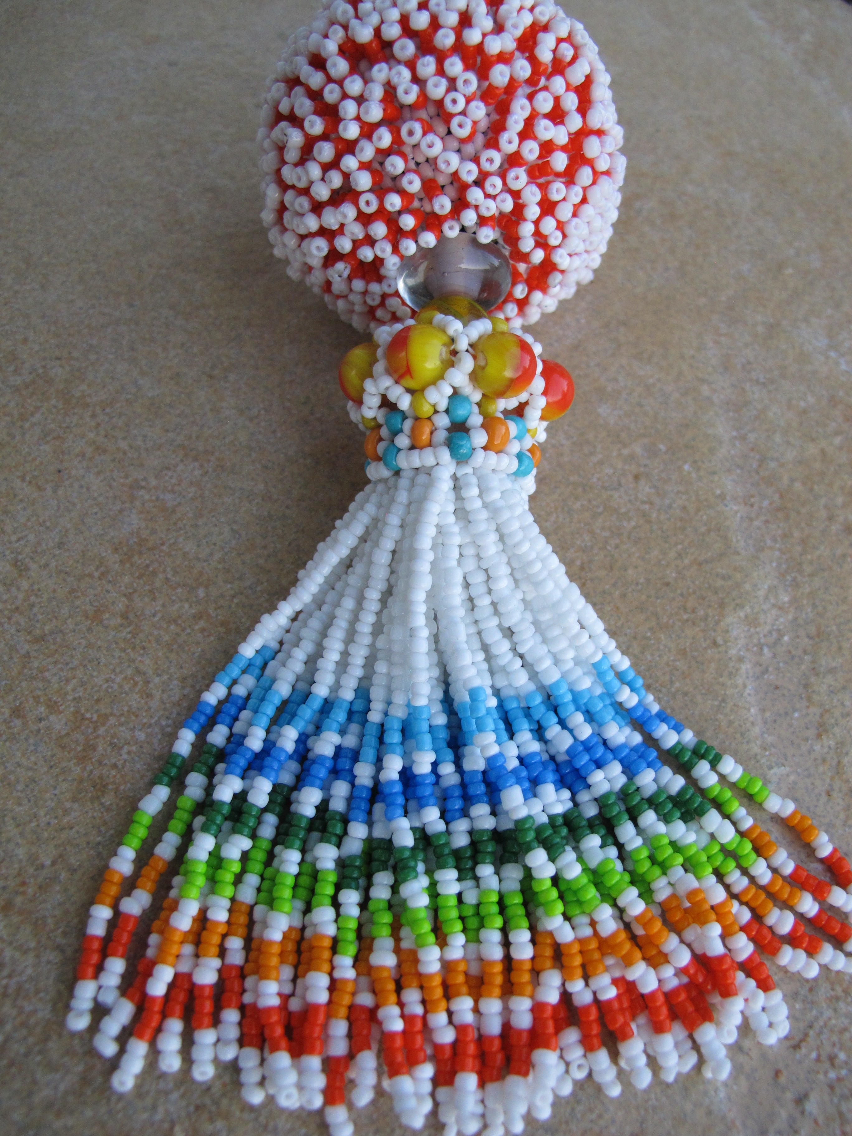Beaded Bead Keychain in White, Orange and multicolored beaded tassel