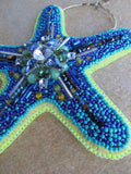Bead Embroidered Starfish Bag Charm in Cobalt and Turquoise Blues