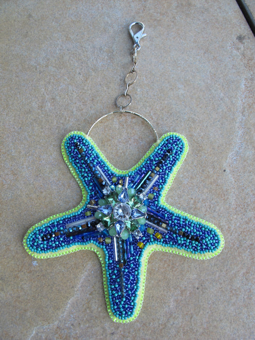 Bead Embroidered Starfish Bag Charm in Cobalt and Turquoise Blues