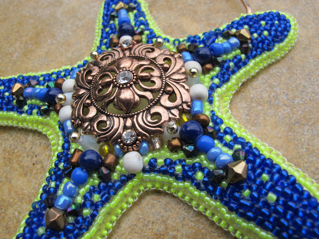 Cobalt Blue and Chartreuse (Neon Yellow) Beaded Starfish Bag Charm