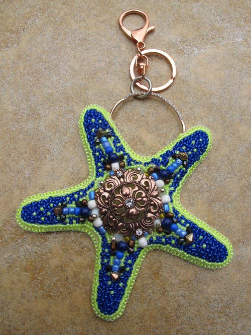 Cobalt Blue and Chartreuse (Neon Yellow) Beaded Starfish Bag Charm