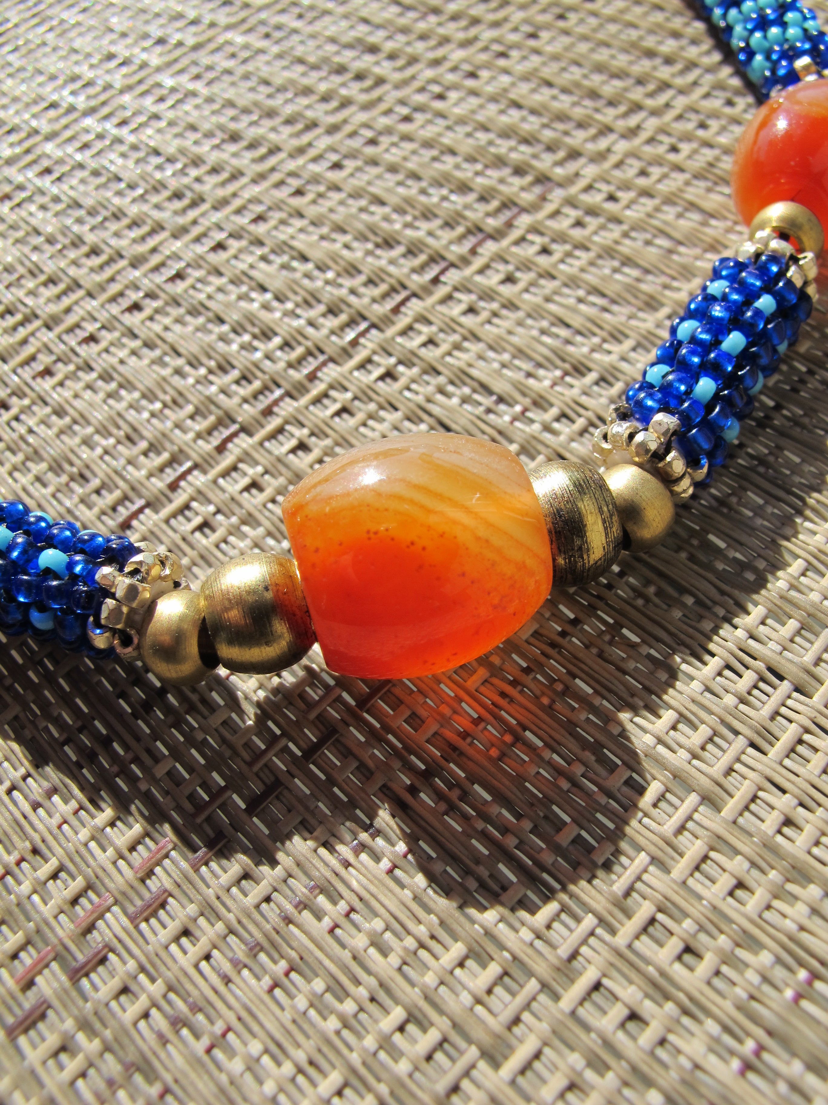 Orange Agate and Cobalt/Sky Blue Beaded Beads Necklace