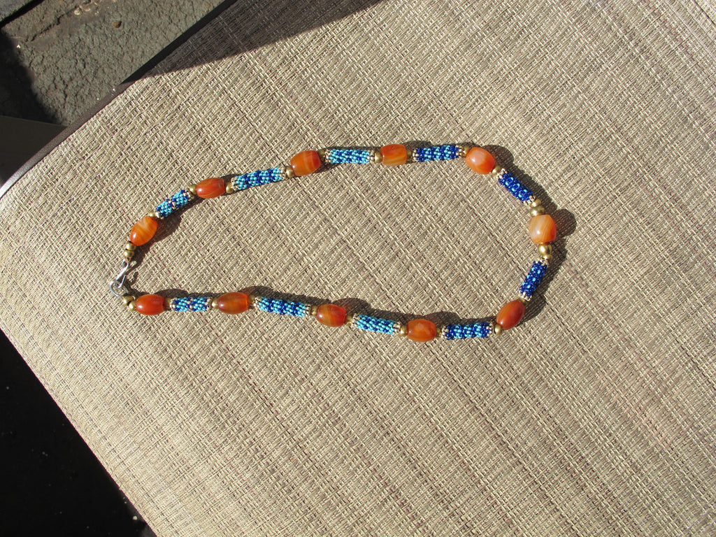 Orange Agate and Cobalt/Sky Blue Beaded Beads Necklace