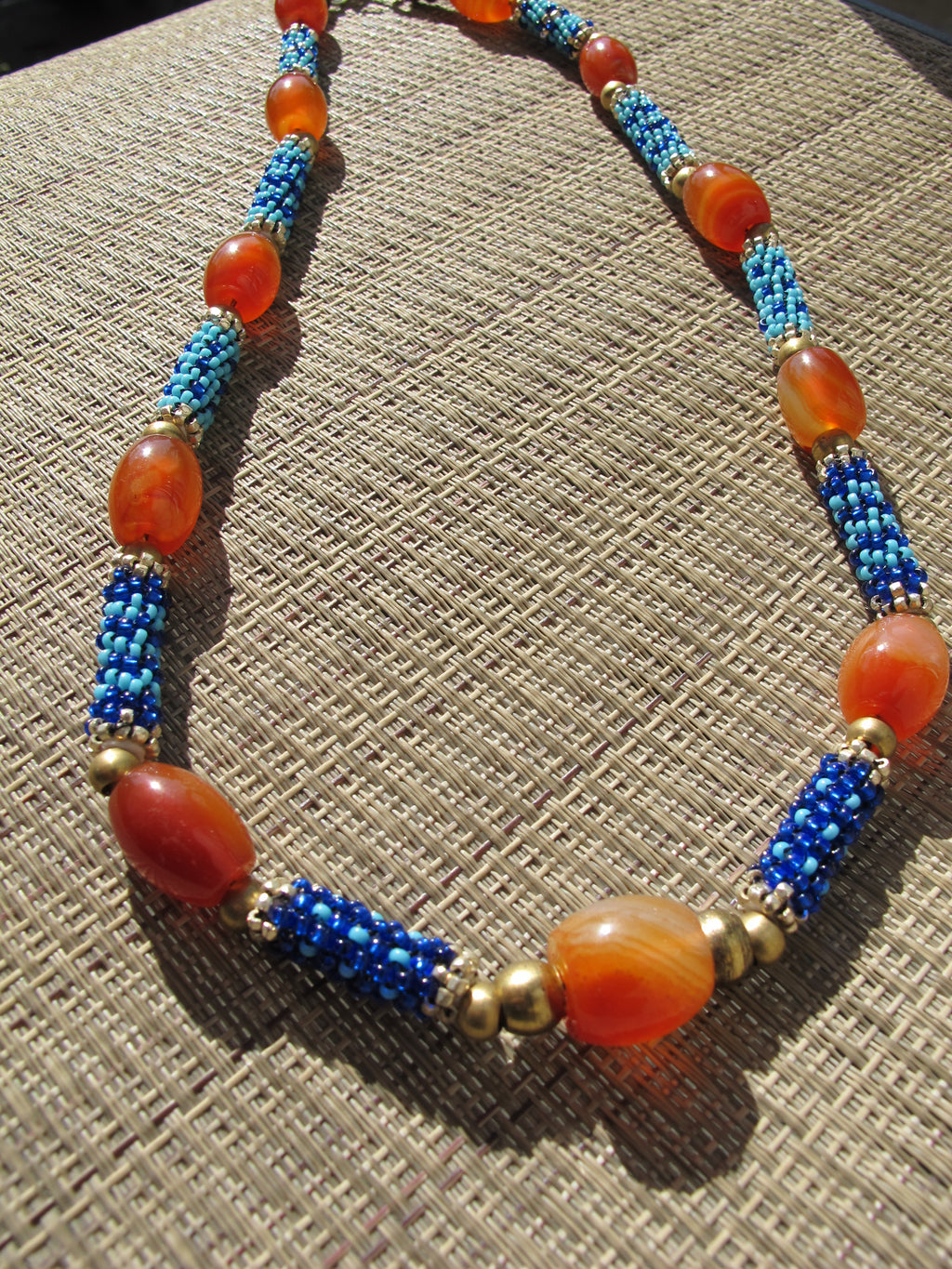 Orange Agate and Cobalt/Sky Blue Beaded Beads Necklace