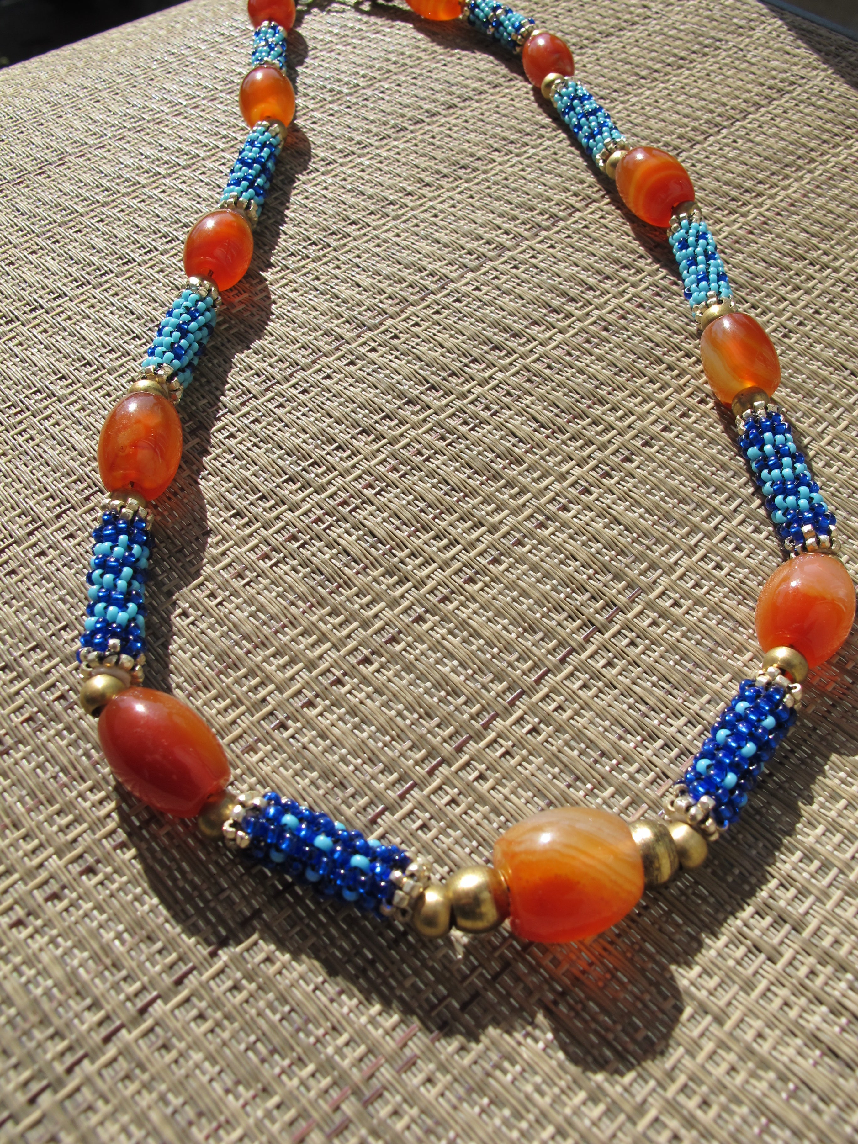 Orange Agate and Cobalt/Sky Blue Beaded Beads Necklace