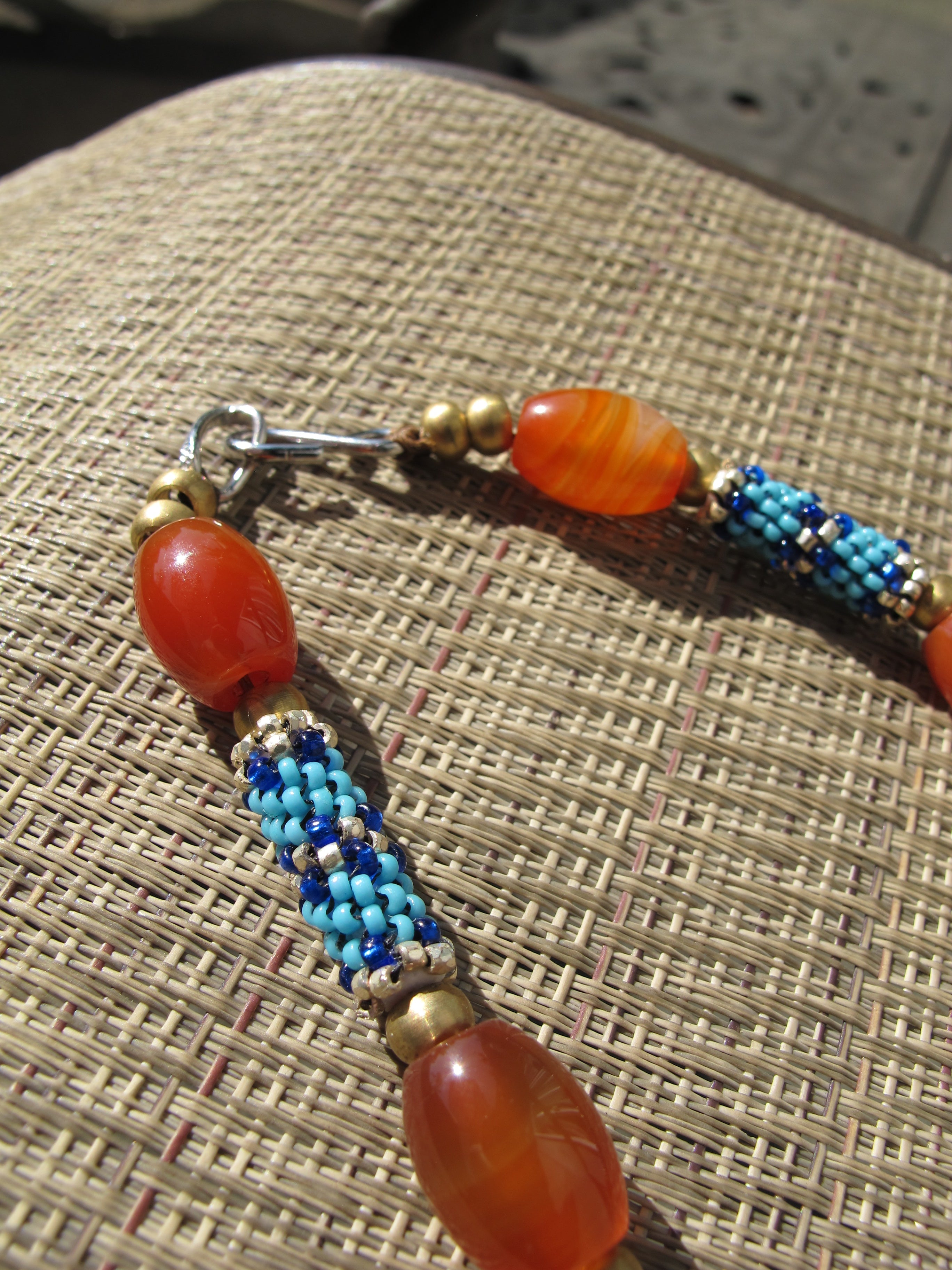 Orange Agate and Cobalt/Sky Blue Beaded Beads Necklace