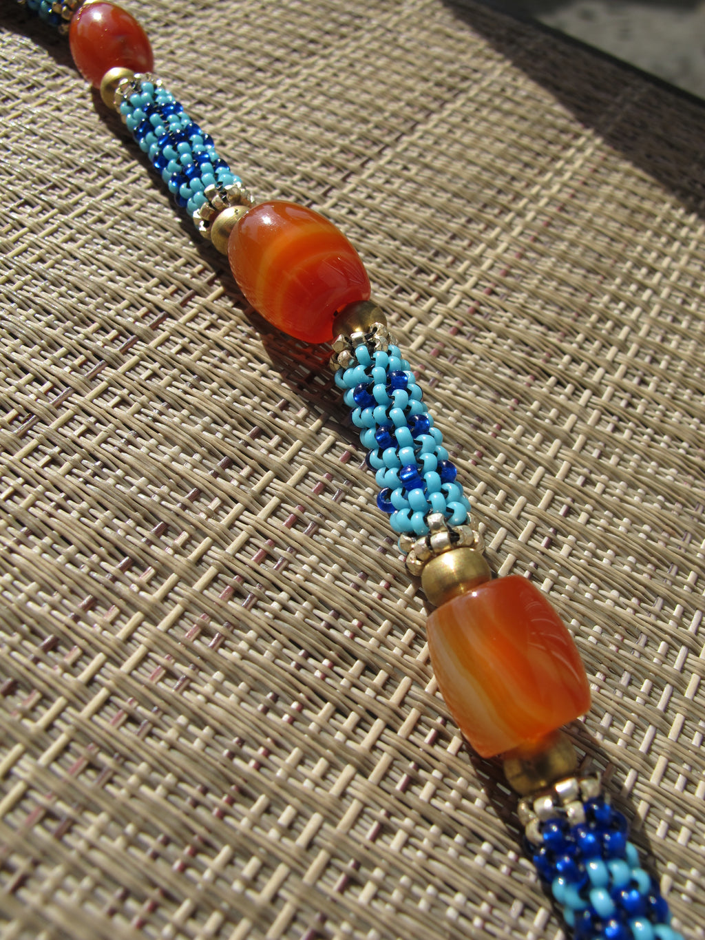 Orange Agate and Cobalt/Sky Blue Beaded Beads Necklace