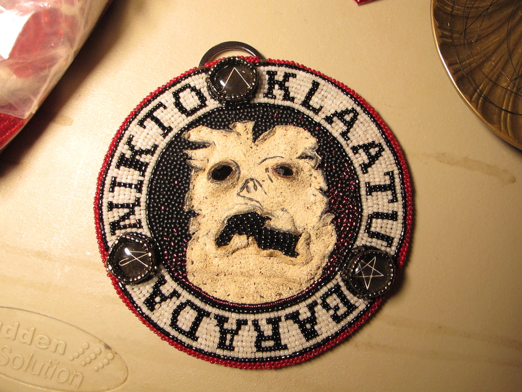 Necronomicon Bead Embroidered Medallion with glass beads and pig suede
