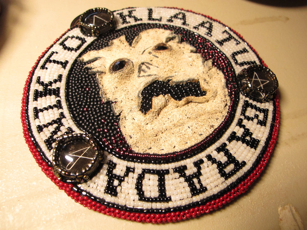 Necronomicon Bead Embroidered Medallion with glass beads and pig suede