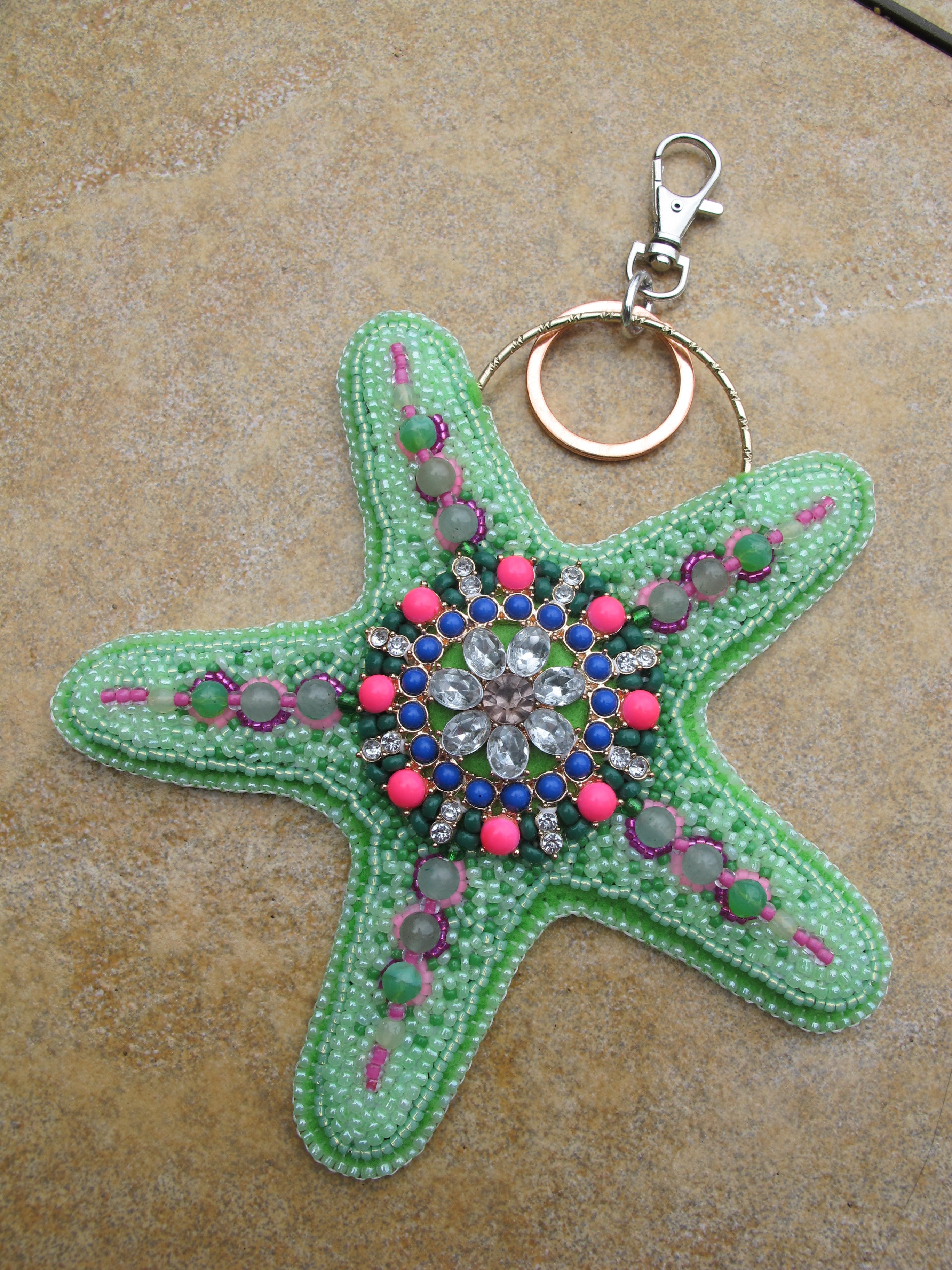 Seafoam Green and Hot Pink Bead Embroidered Starfish Bag Charm