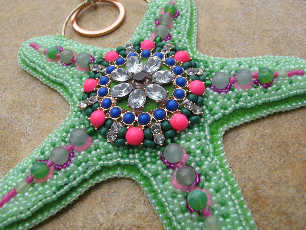 Seafoam Green and Hot Pink Bead Embroidered Starfish Bag Charm