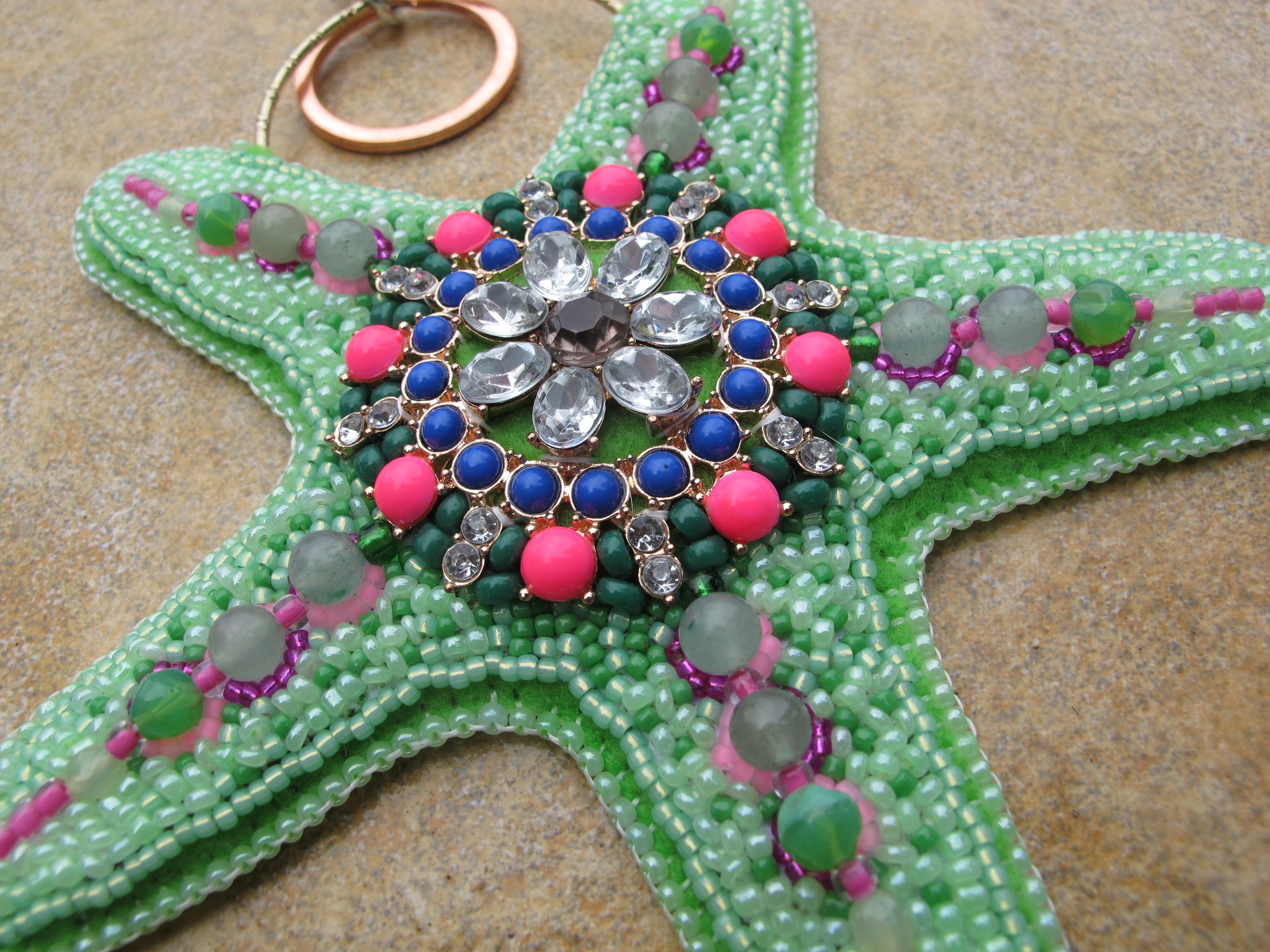Seafoam Green and Hot Pink Bead Embroidered Starfish Bag Charm