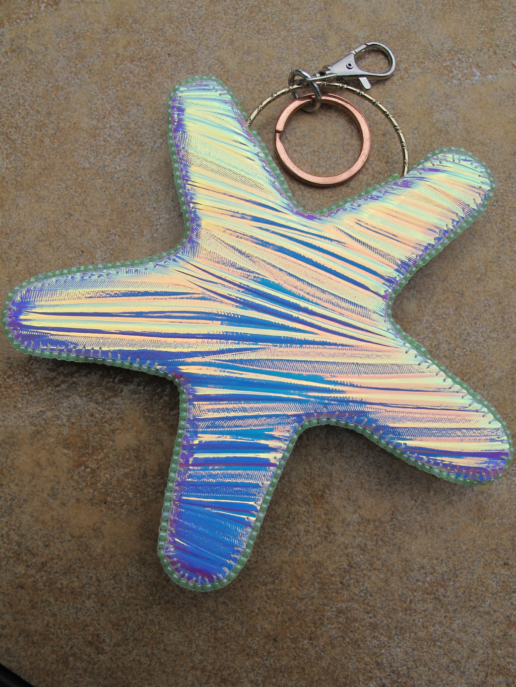 Seafoam Green and Hot Pink Bead Embroidered Starfish Bag Charm
