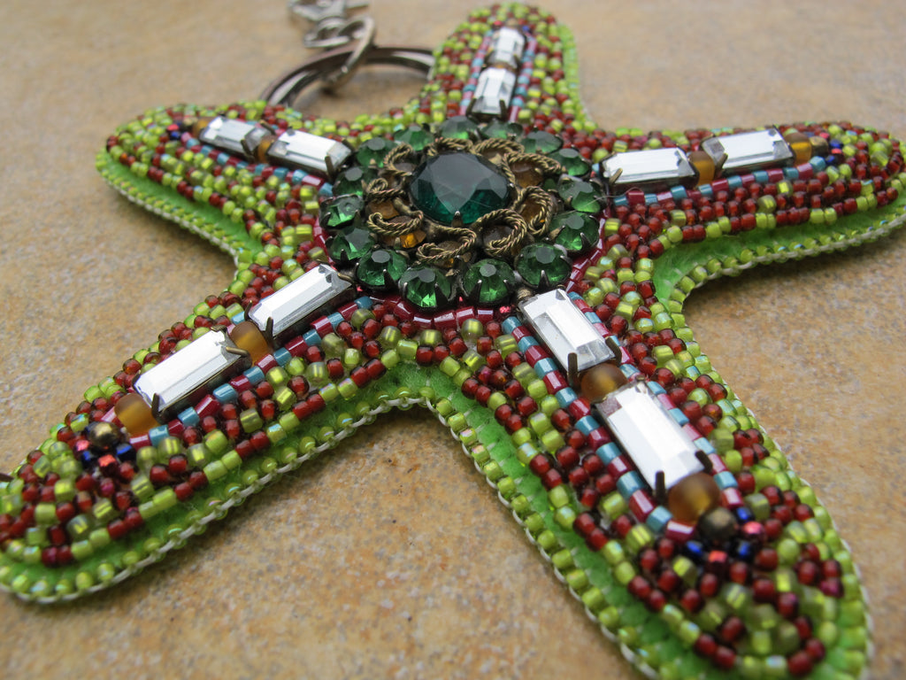 Starfish Bead Embroidered Bag Charm with Vintage Costume Jewelry Components