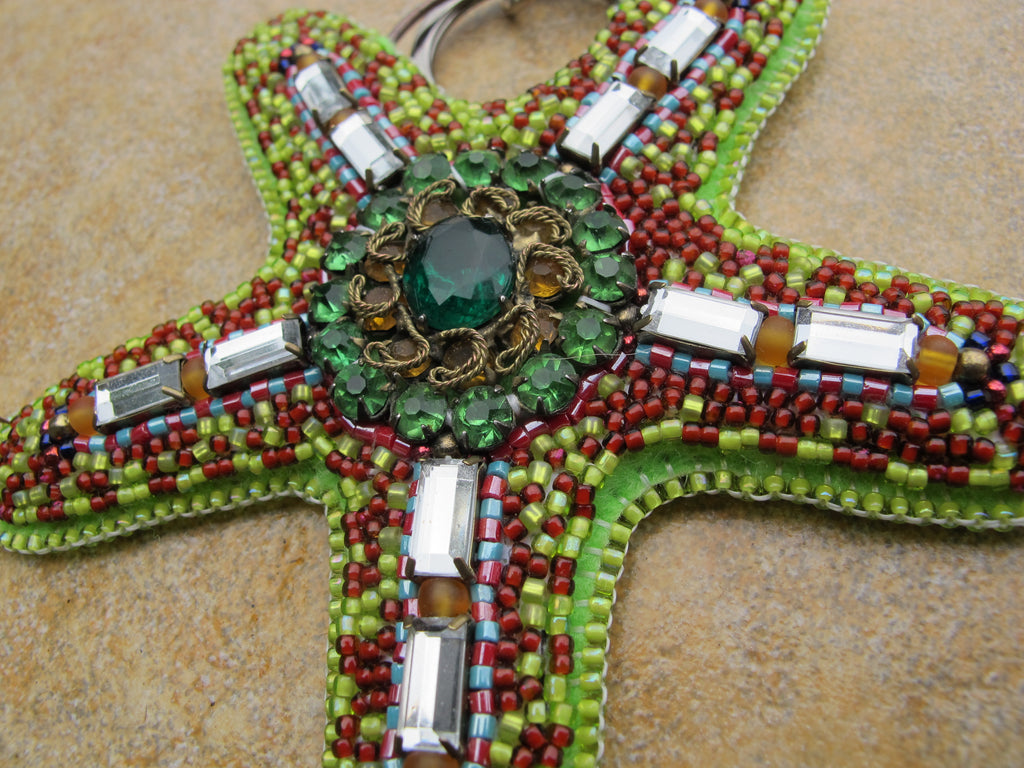 Starfish Bead Embroidered Bag Charm with Vintage Costume Jewelry Components